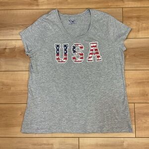 Grey Patriotic Sequin USA Graphic Women's Cap Sleeve Tee Size XL